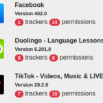 Eine Übersicht verschiedener Apps, der Anzahl ihrer Tracker und App-Berechtigungen: Facebook: 1 Tracker und 14 Berechtigungen, Duolino: 8 Tracler und 8 Berechtigungen, TikTok: 7 Tracker und 10 Berechtigungen
