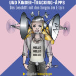 Cover des Mini-Buchs "Smart Toys und Kinder-Tracking-Apps: Das Geschäft mit den Sorgen von Eltern". Abgebildet ist eine puppenähnlich aussehende Fraz, die statt Ohren große Satellitenschüsseln hat. Auf ihrem T-Shirt steht "Hello, Hello, Hello" in Anlehnung an sprechende Puppen und die von Digitalcourage mit einem Negativpreis ausgezeichnete sprechende und lauschende "Hello Barbie"