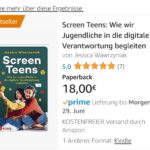 Ein Screenshot der Amazon-Seite, auf der das Buch "Screen Teens" bestellt werden kann. Über den Cover der Schriftzug "Beststeller"