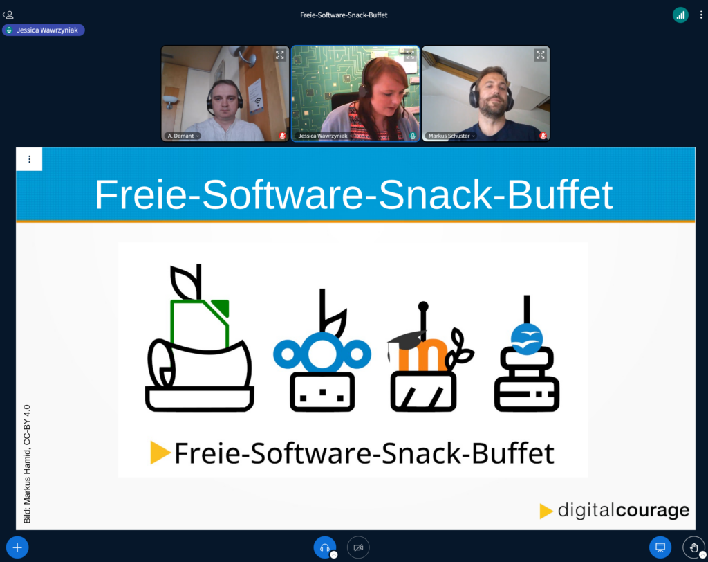 Screenshot einer Videokonferenz. Es sind drei Referent*innen zu sehen, sowie eine Präsentation mit der Startfolie „Freie-Software-Snack-Buffet“