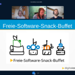 Screenshot einer Videokonferenz. Es sind drei Referent*innen zu sehen, sowie eine Präsentation mit der Startfolie „Freie-Software-Snack-Buffet“