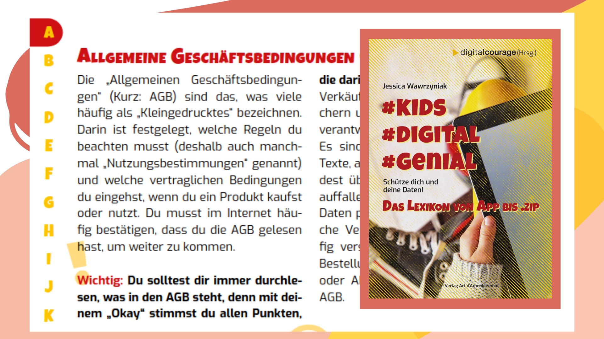 Ausschitt aus dem gedruckten #Kids #digital #genial-Lexikon zum Eintrag „AGB“. Daneben das Cover des Buchs.